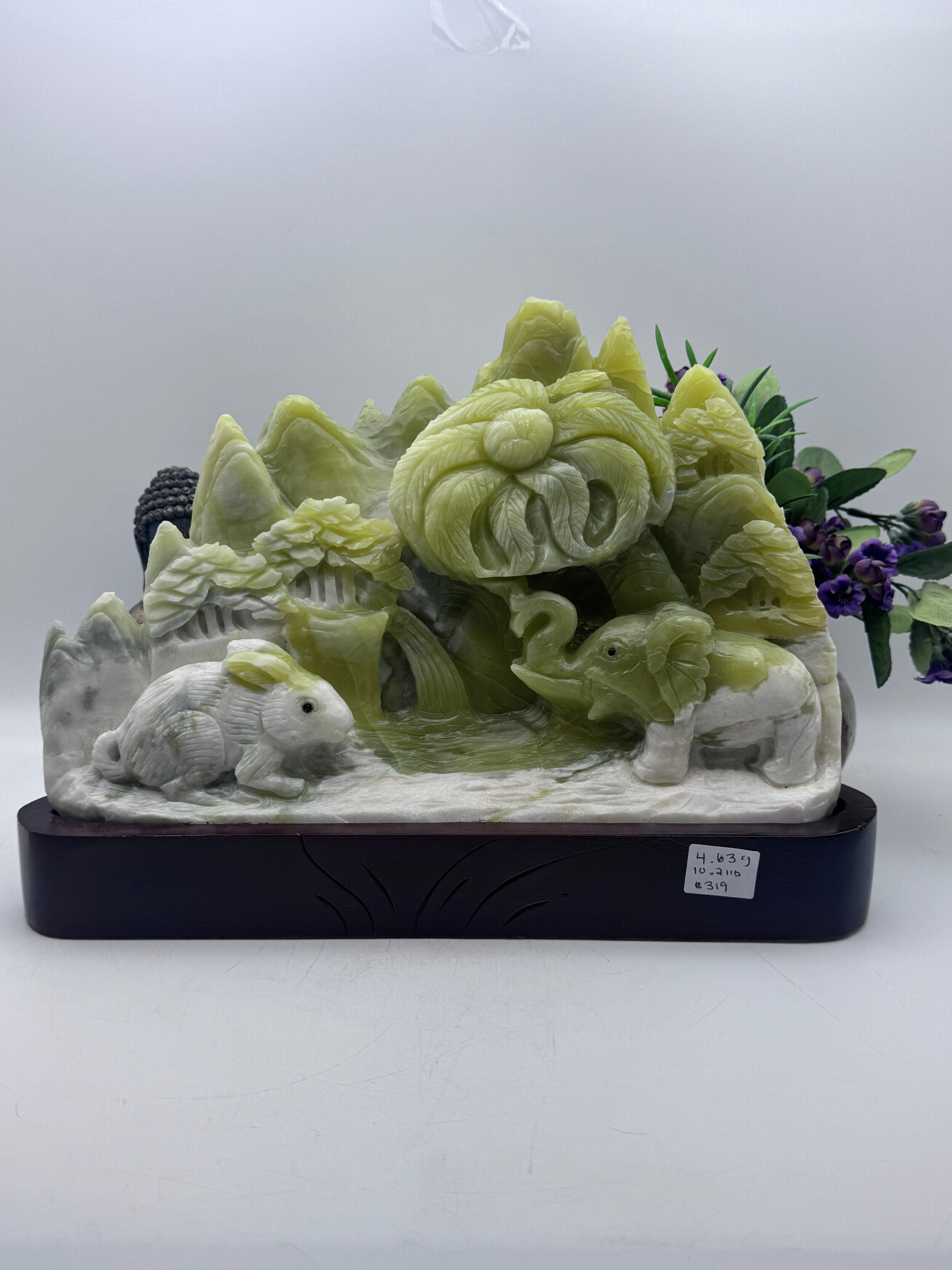 Gorgeous Jade Elephant and Rabbit Carving with wood base