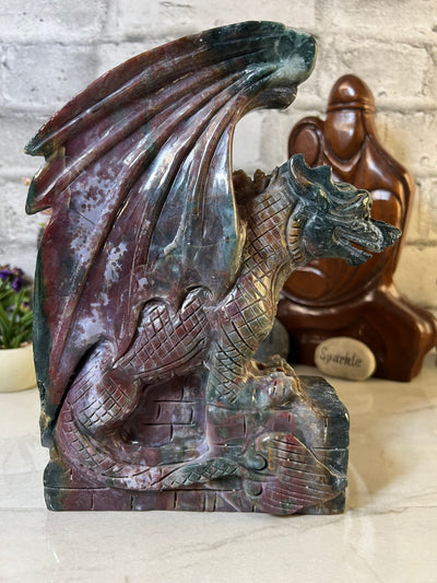 Massive 2.9 kg Rainbow Jasper Dragon on Castle Ledge Carving