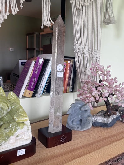 18” High Quality Clear Quartz Tower in wood base