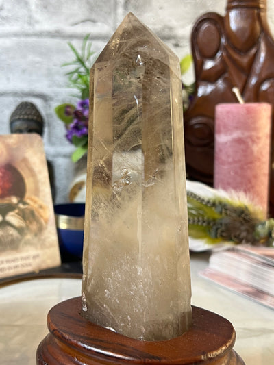 Smoky Quartz Tower in Wood Stand