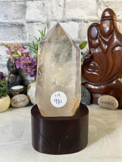 Beautiful Clear Quartz Statement Piece with wooden stand