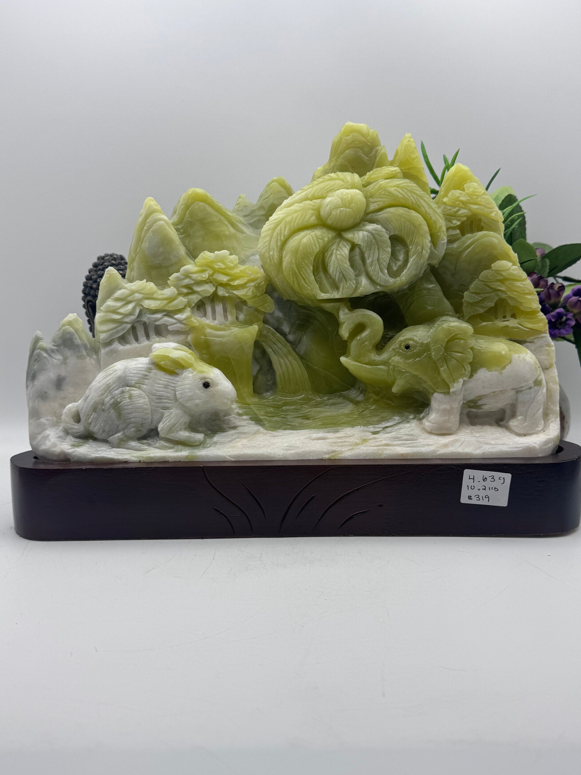 Gorgeous Jade Elephant and Rabbit Carving with wood base