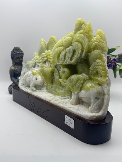 Gorgeous Jade Elephant and Rabbit Carving with wood base