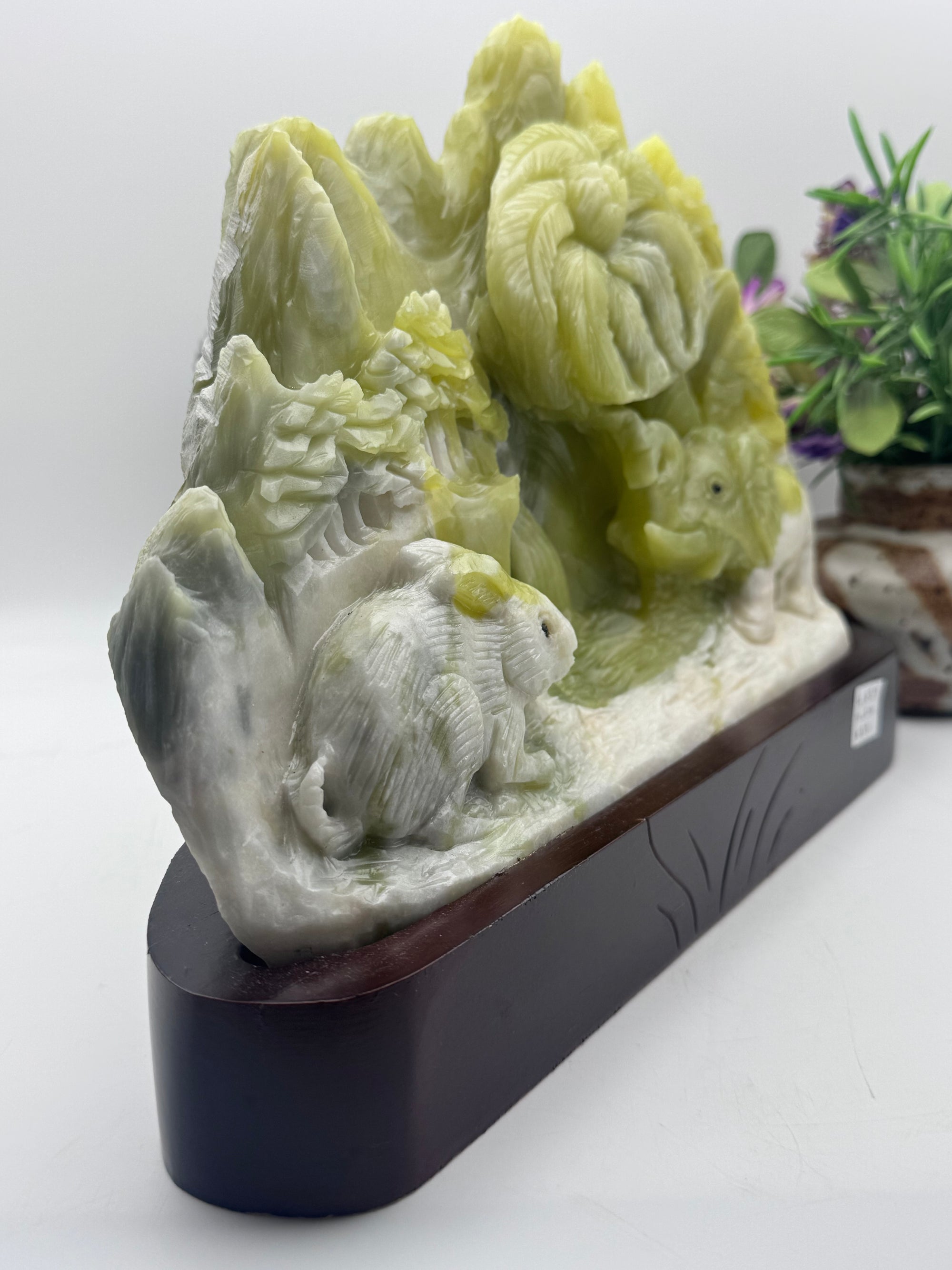 Gorgeous Jade Elephant and Rabbit Carving with wood base