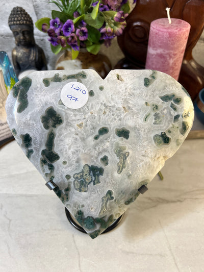 Big Moss Agate Heart with stand