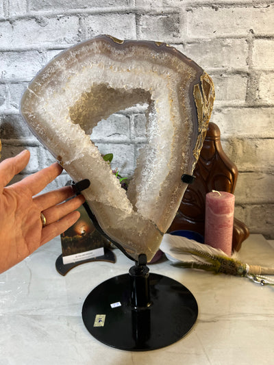 Gemmy Druzy Agate Portal on Swivel stand. From Uruguay! 6.6 kg and 15.5” tall in stand.