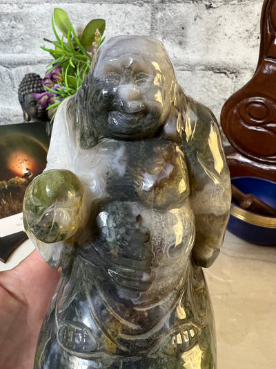 High Quality 2.9 KG Moss Agate Buddha sitting on Skull Carving