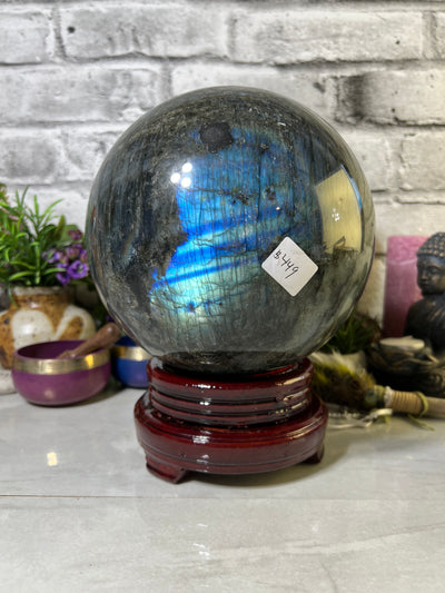 8.7 KG Labradorite Sphere with spinning wood base