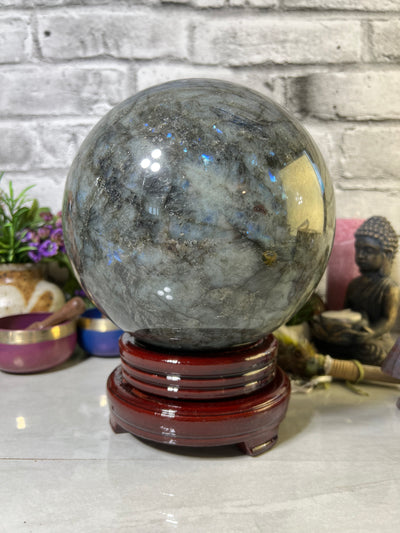 8.7 KG Labradorite Sphere with spinning wood base