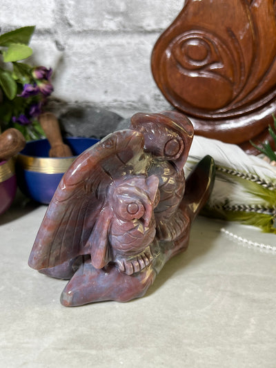 Twin Owl Jasper Carving