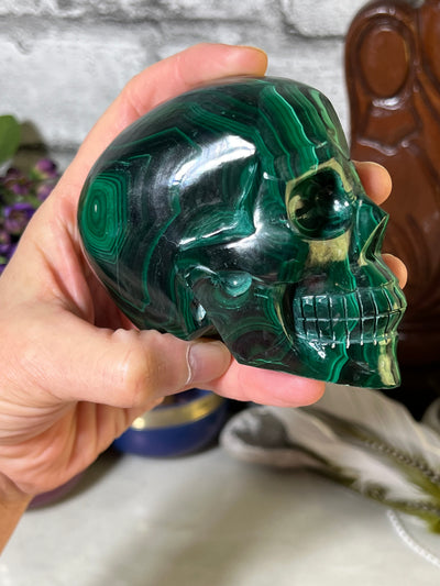 Malachite Silhouette Skull Carving