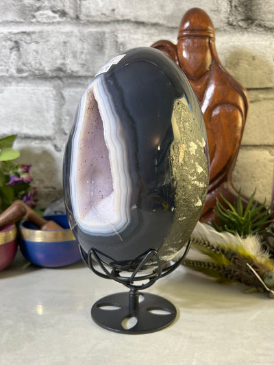 Gorgeous 2.6 Druzy Agate Egg on Black Metal Flower Stand