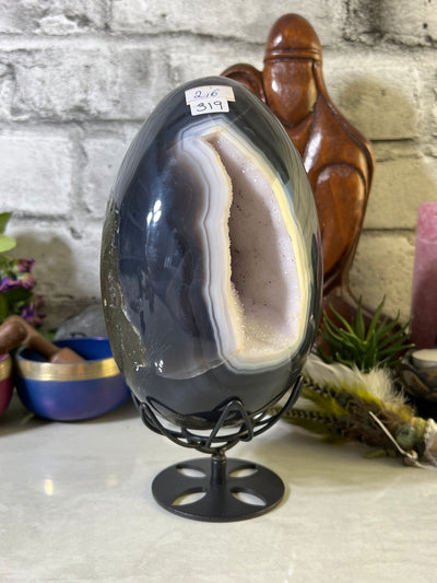 Gorgeous 2.6 Druzy Agate Egg on Black Metal Flower Stand