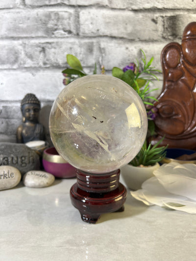 High Quality Clear Quartz Sphere with wood base