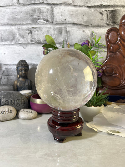 High Quality Clear Quartz Sphere with wood base