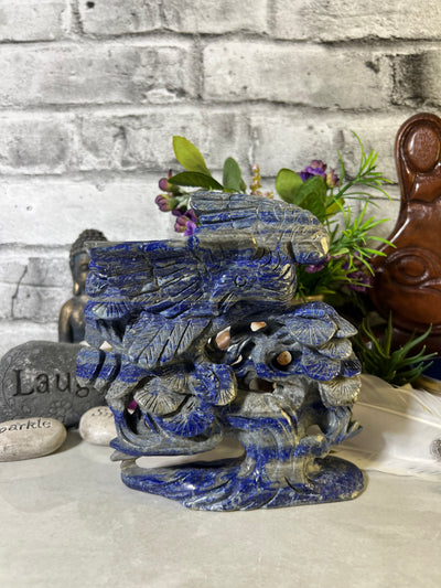 Beautiful Lapis Lazuli Bird on Flowering Tree Carving