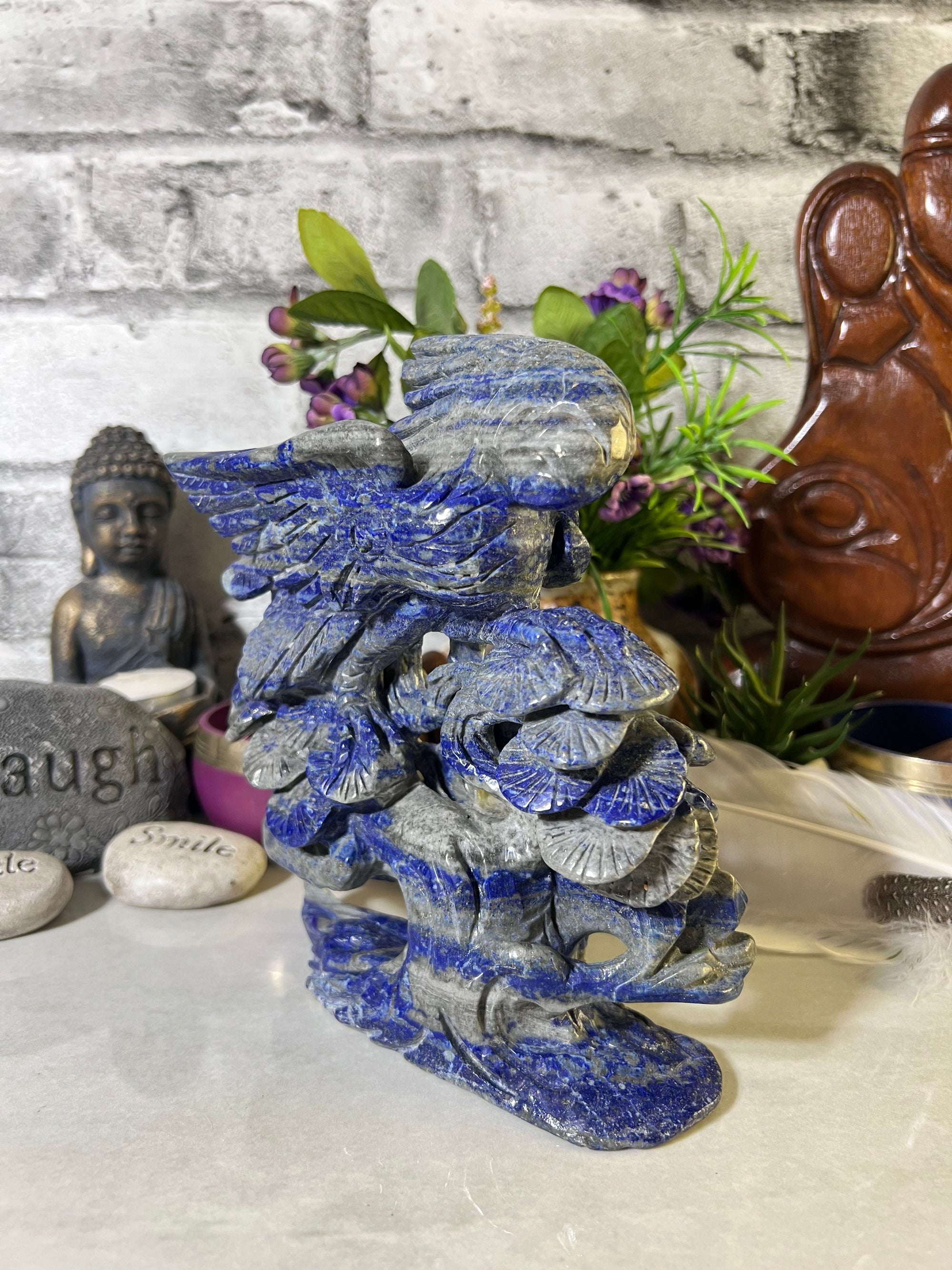 Beautiful Lapis Lazuli Bird on Flowering Tree Carving
