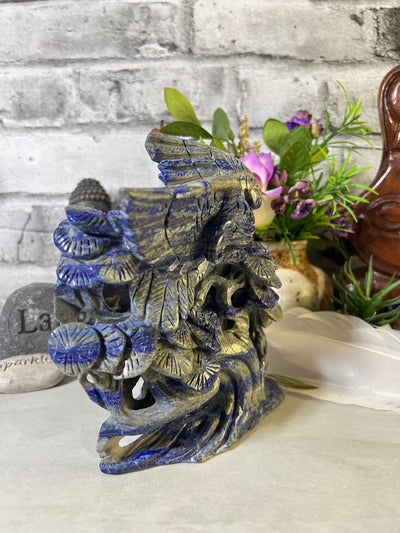 Beautiful Lapis Lazuli Bird on Flowering Tree Carving