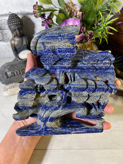 Beautiful Lapis Lazuli Bird on Flowering Tree Carving