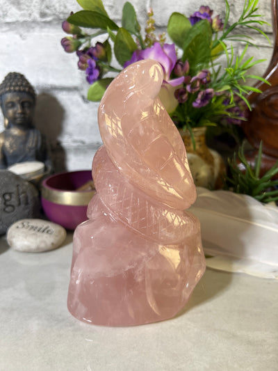 Beautifully Carved Cobra on rock Rose Quartz Carving