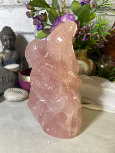 Beautifully Carved Cobra on rock Rose Quartz Carving