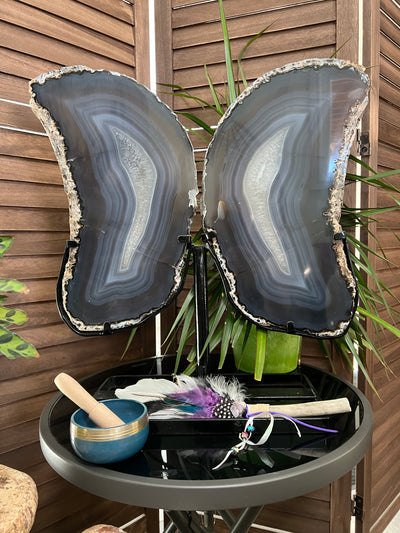 Huge Agate Butterfly Wings on stand from Brazil