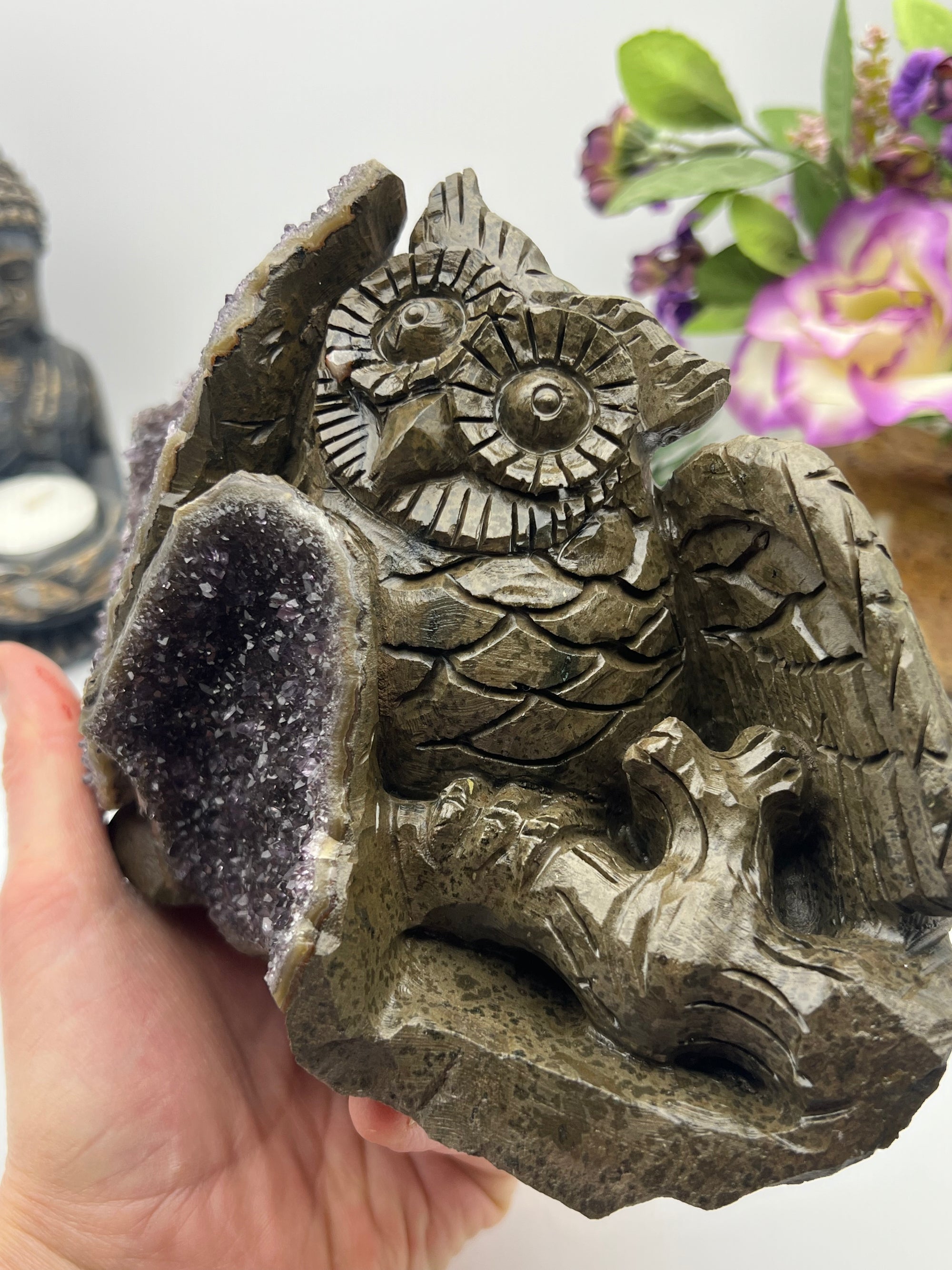 Outstanding Amethyst Cluster Owl Carving!