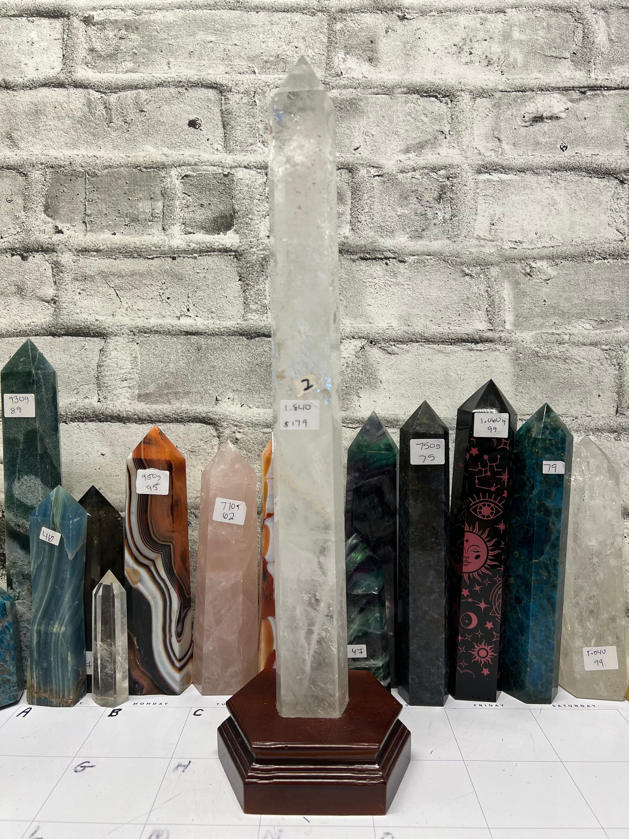 18” tall Clear Quartz Tower in wood base