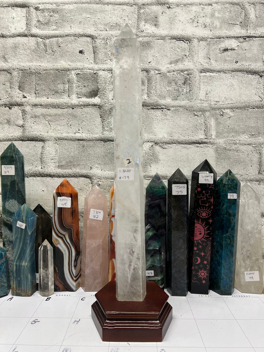 18” tall Clear Quartz Tower in wood base