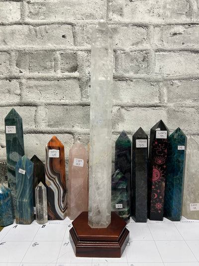 18” tall Clear Quartz Tower in wood base