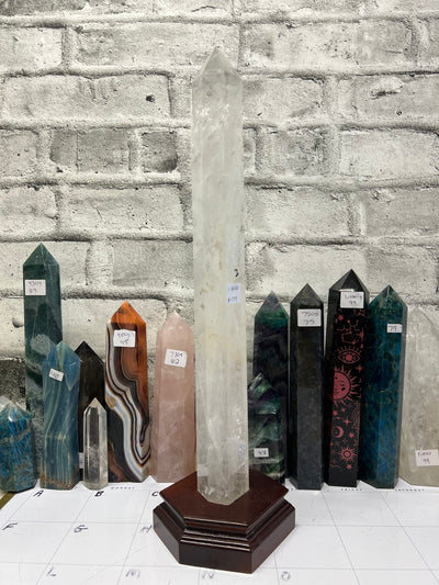 18” tall Clear Quartz Tower in wood base