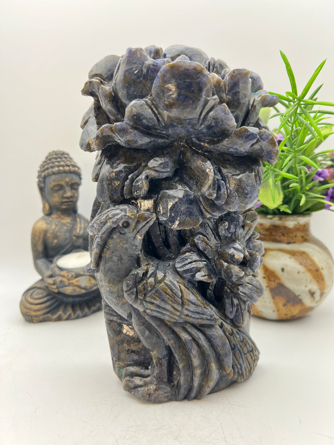 Iolite with Blue Apatite Blue Jay Flower Carving