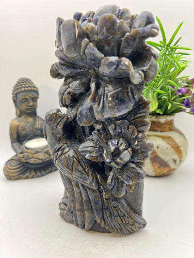 Iolite with Blue Apatite Blue Jay Flower Carving