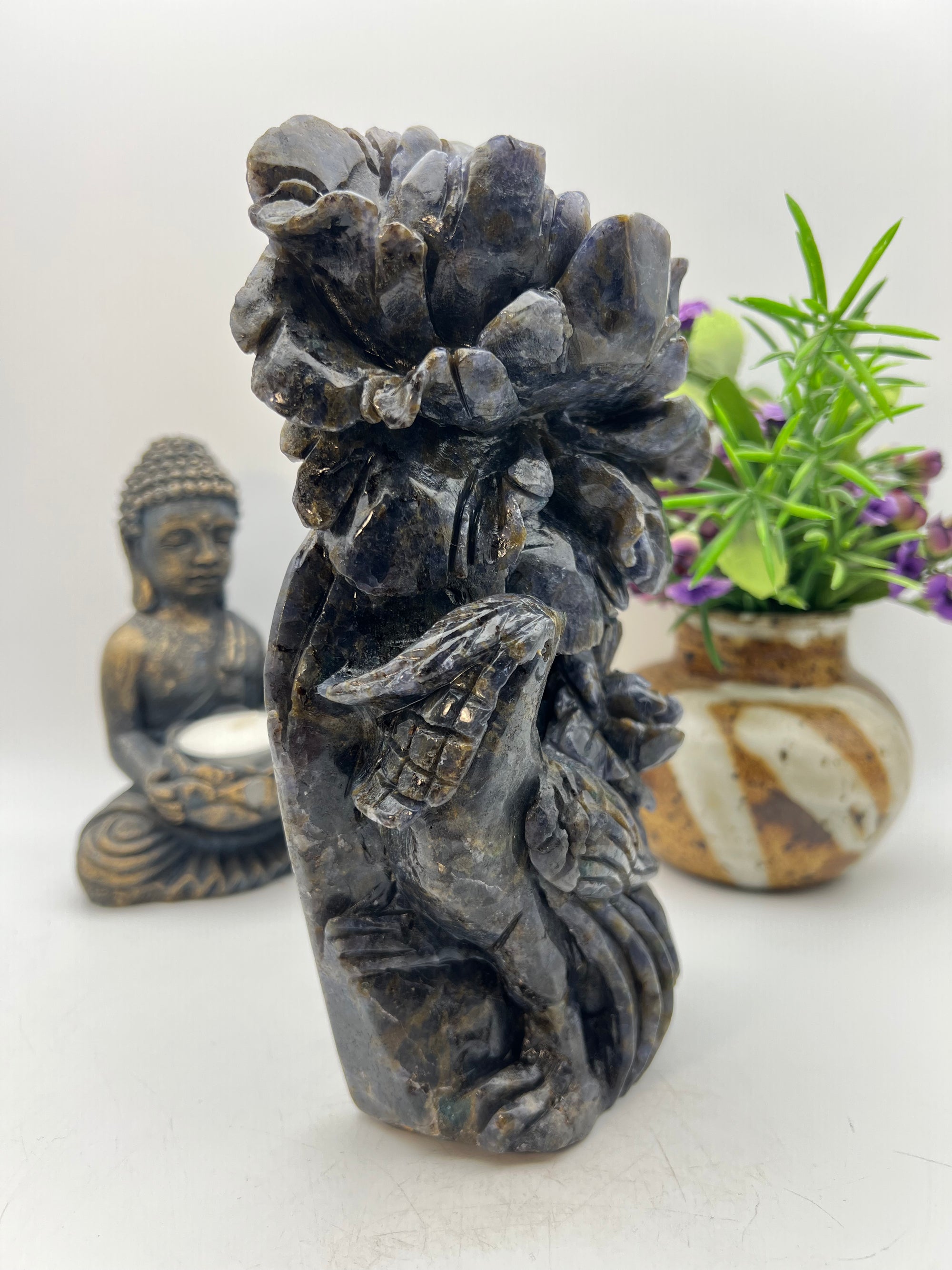 Iolite with Blue Apatite Blue Jay Flower Carving