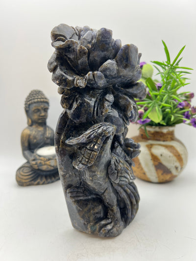 Iolite with Blue Apatite Blue Jay Flower Carving
