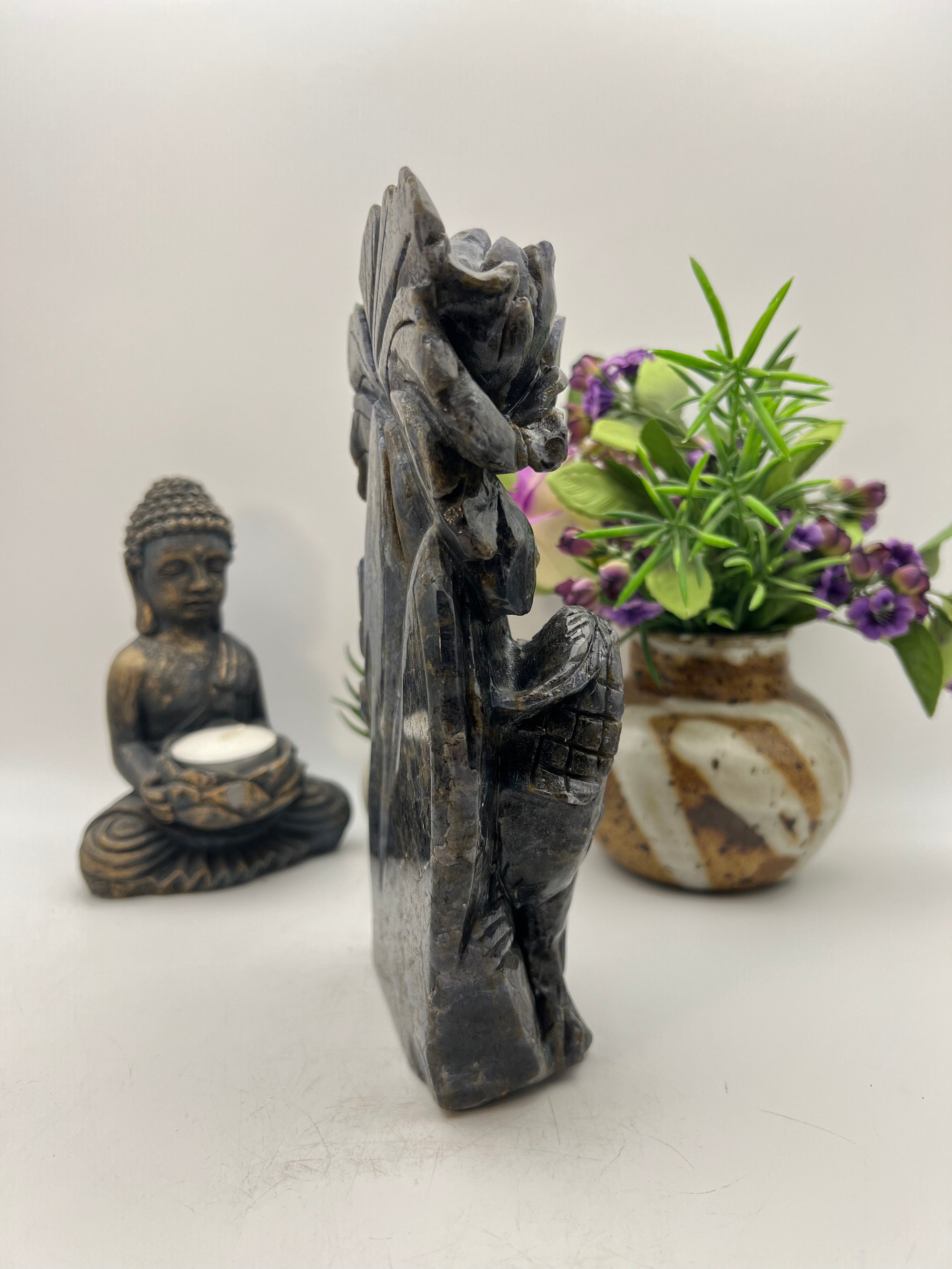 Iolite with Blue Apatite Blue Jay Flower Carving