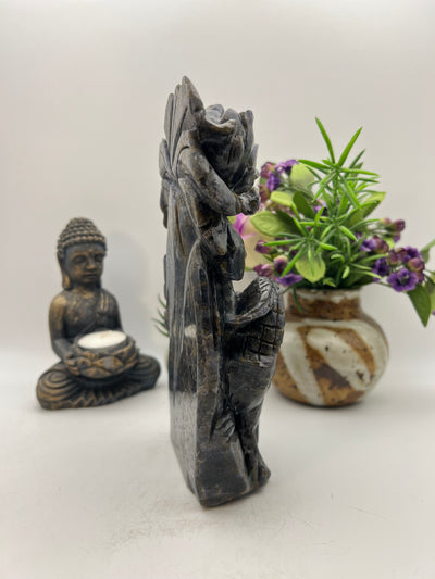 Iolite with Blue Apatite Blue Jay Flower Carving