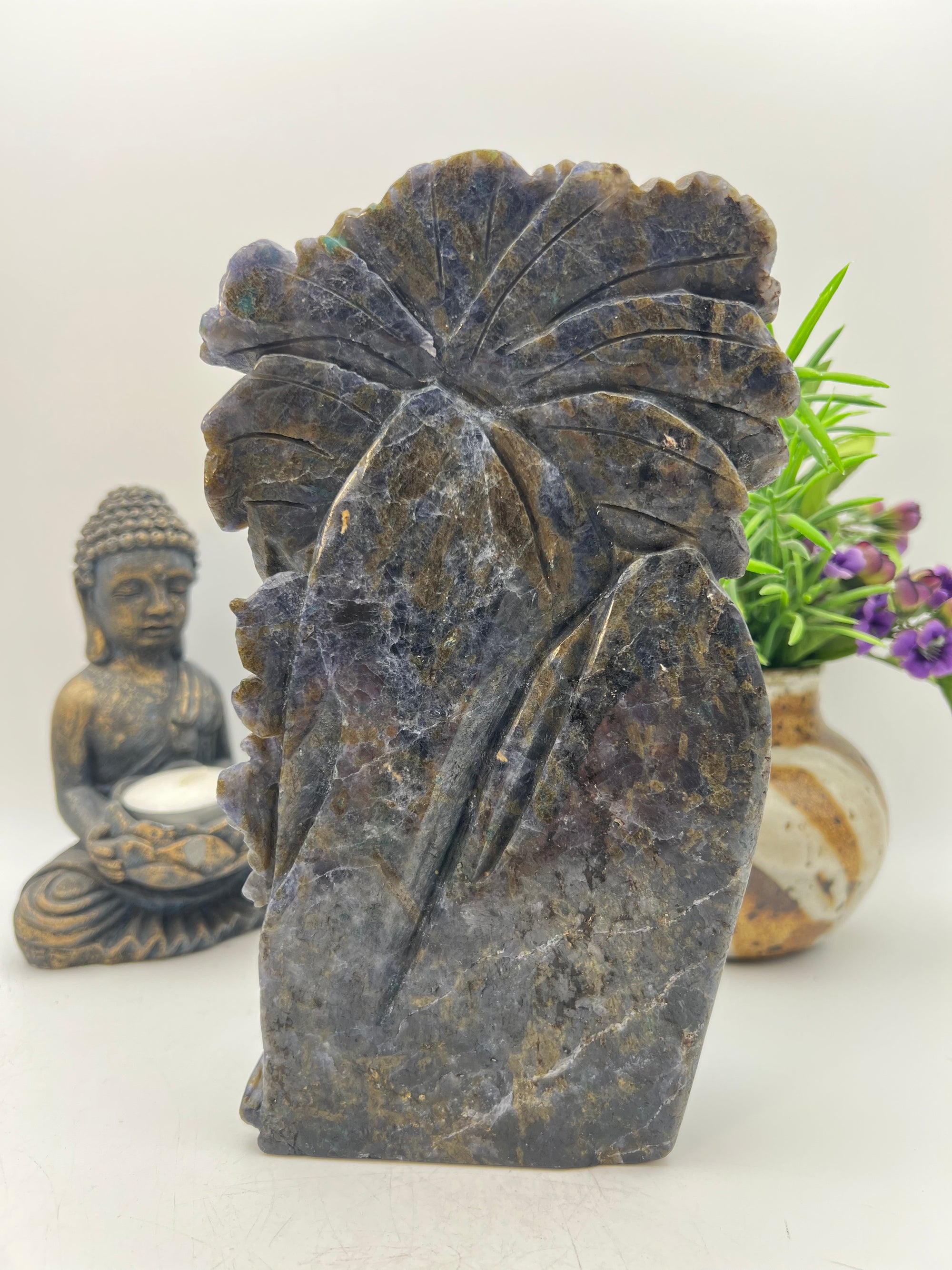 Iolite with Blue Apatite Blue Jay Flower Carving