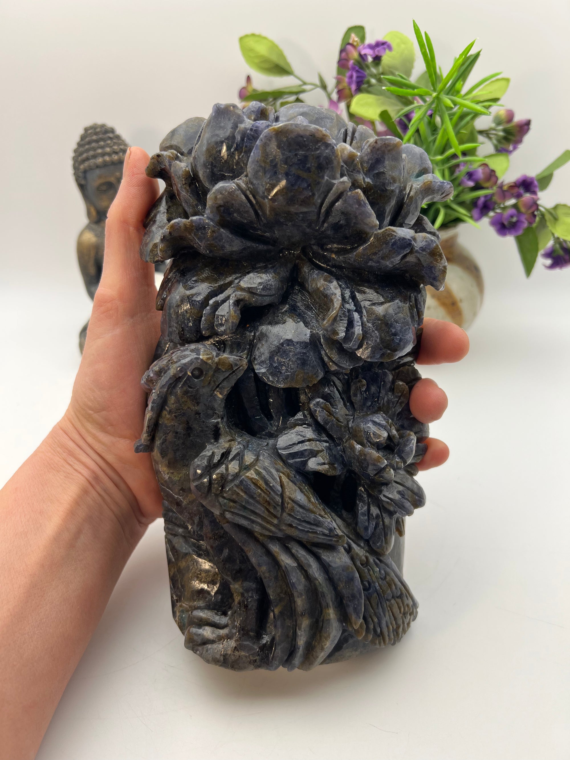 Iolite with Blue Apatite Blue Jay Flower Carving