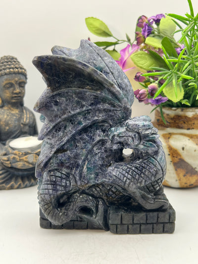 Iolite with Blue Apatite Dragon Carving