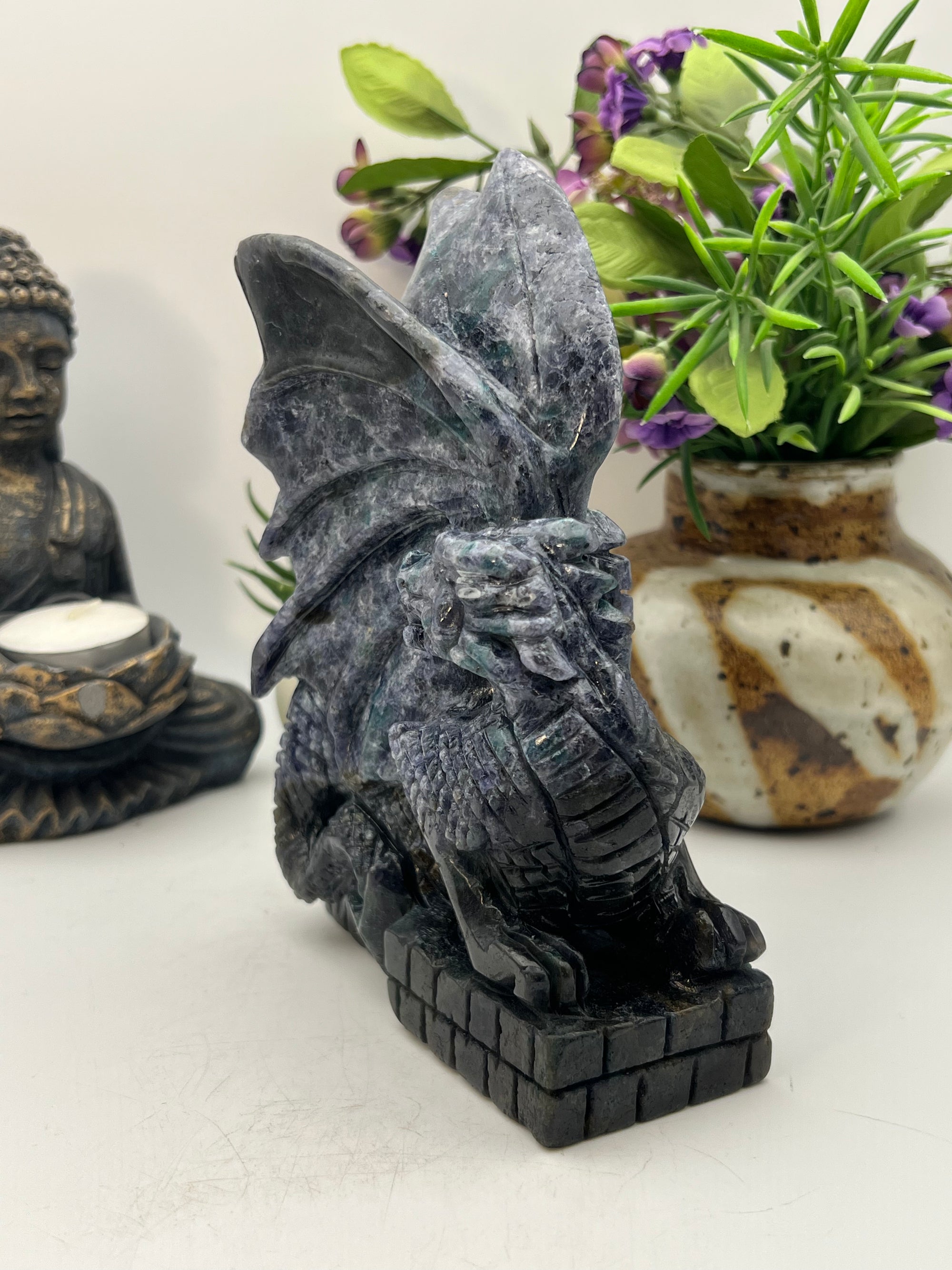Iolite with Blue Apatite Dragon Carving