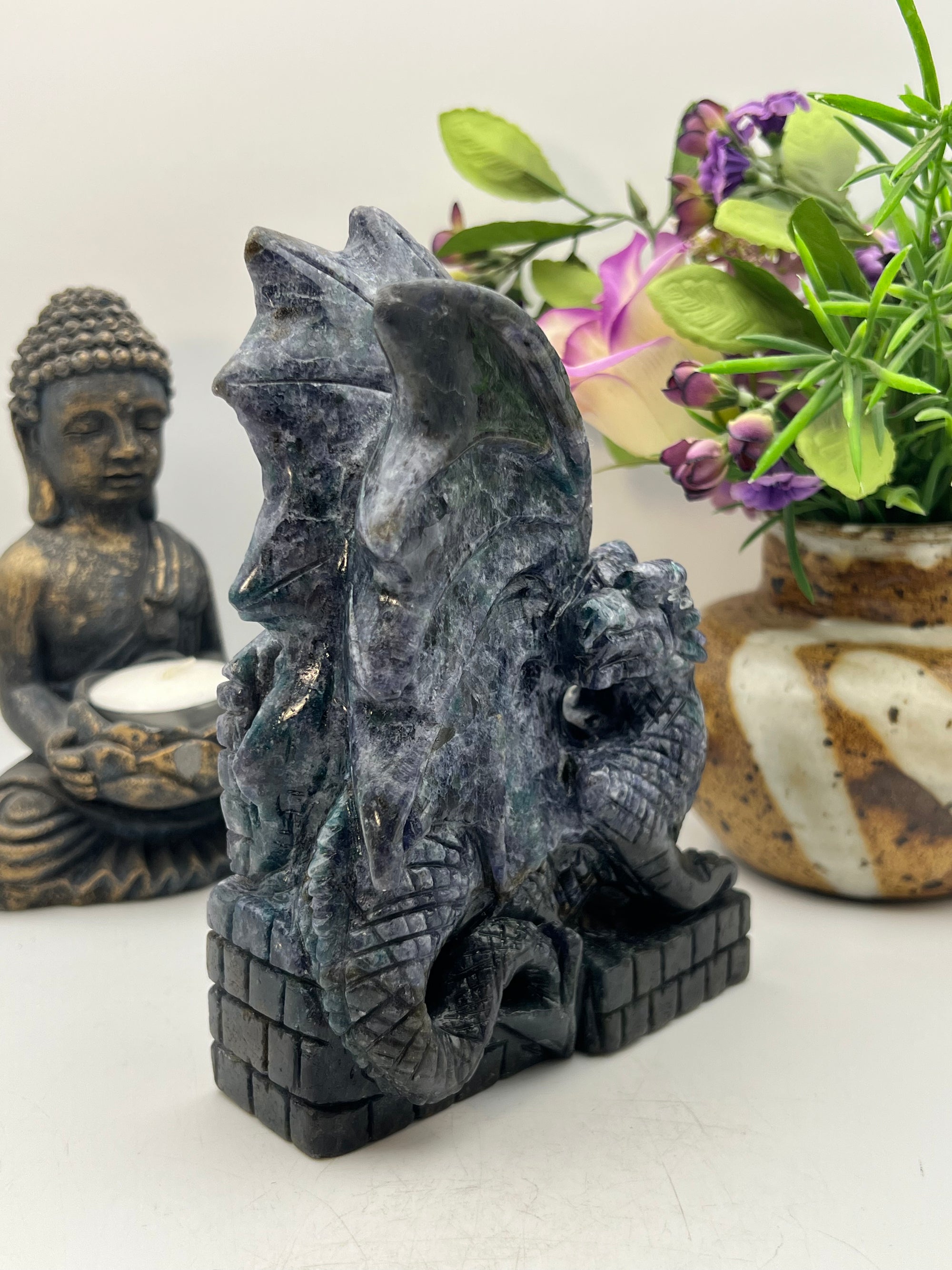 Iolite with Blue Apatite Dragon Carving