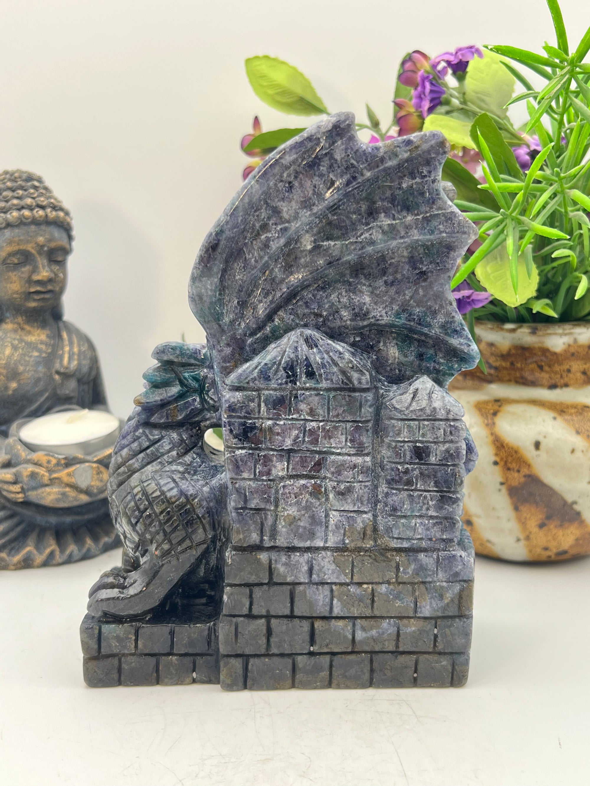 Iolite with Blue Apatite Dragon Carving