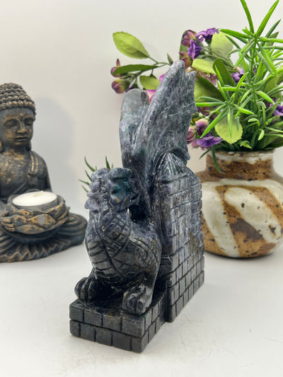 Iolite with Blue Apatite Dragon Carving