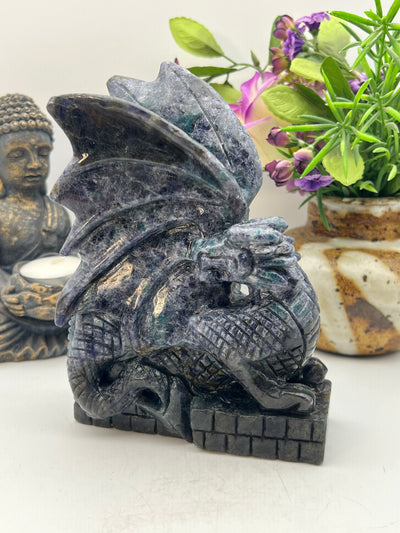 Iolite with Blue Apatite Dragon Carving