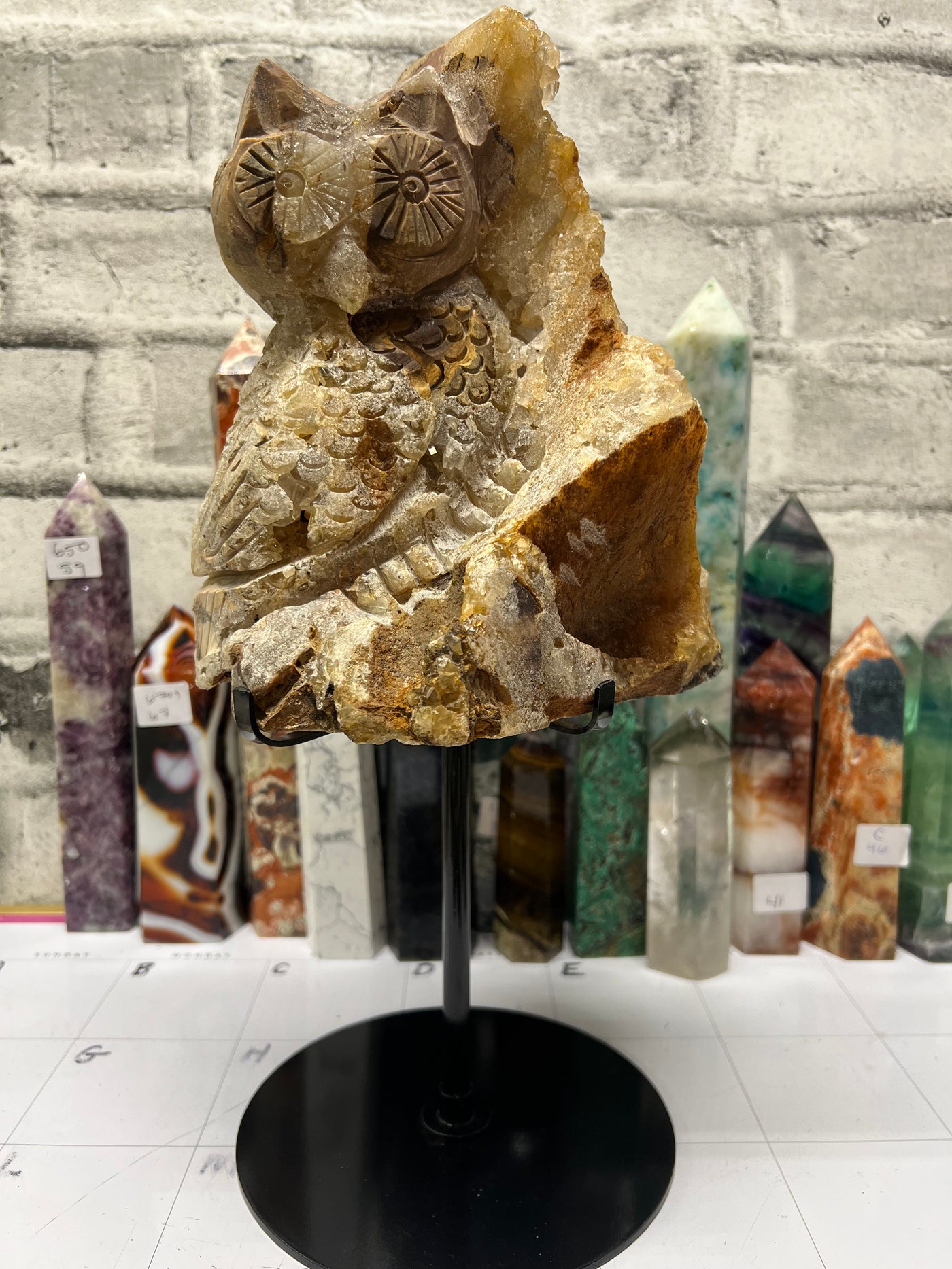 Gigantic Quartz Cluster Owl Carving for your statement piece!