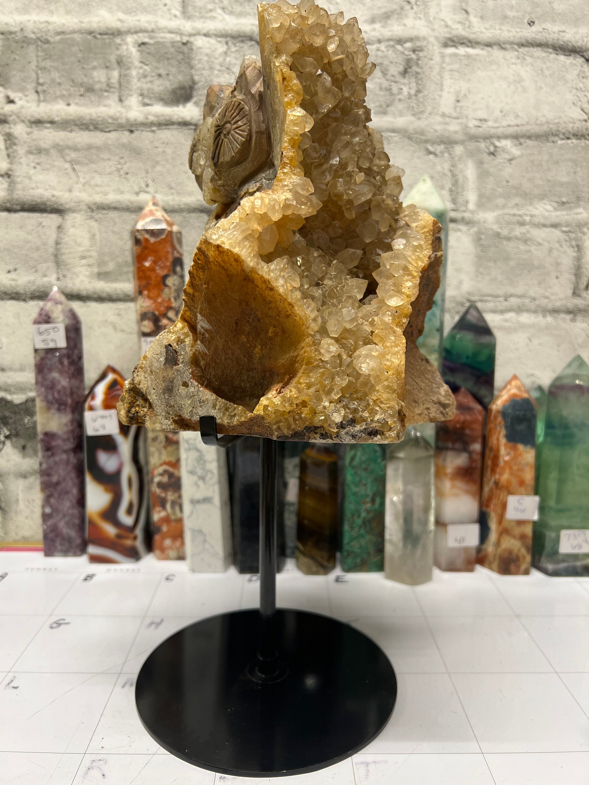 Gigantic Quartz Cluster Owl Carving for your statement piece!