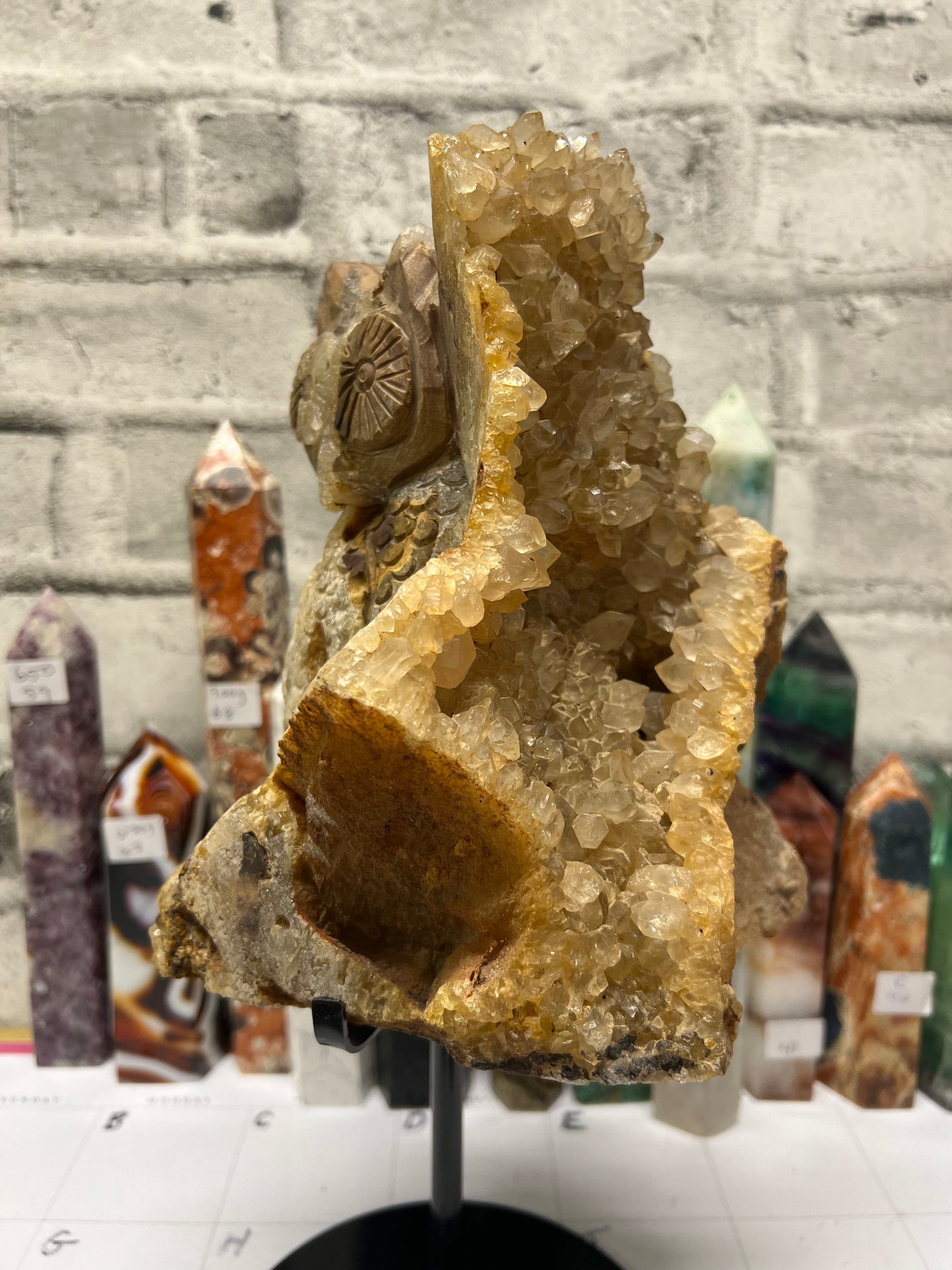 Gigantic Quartz Cluster Owl Carving for your statement piece!