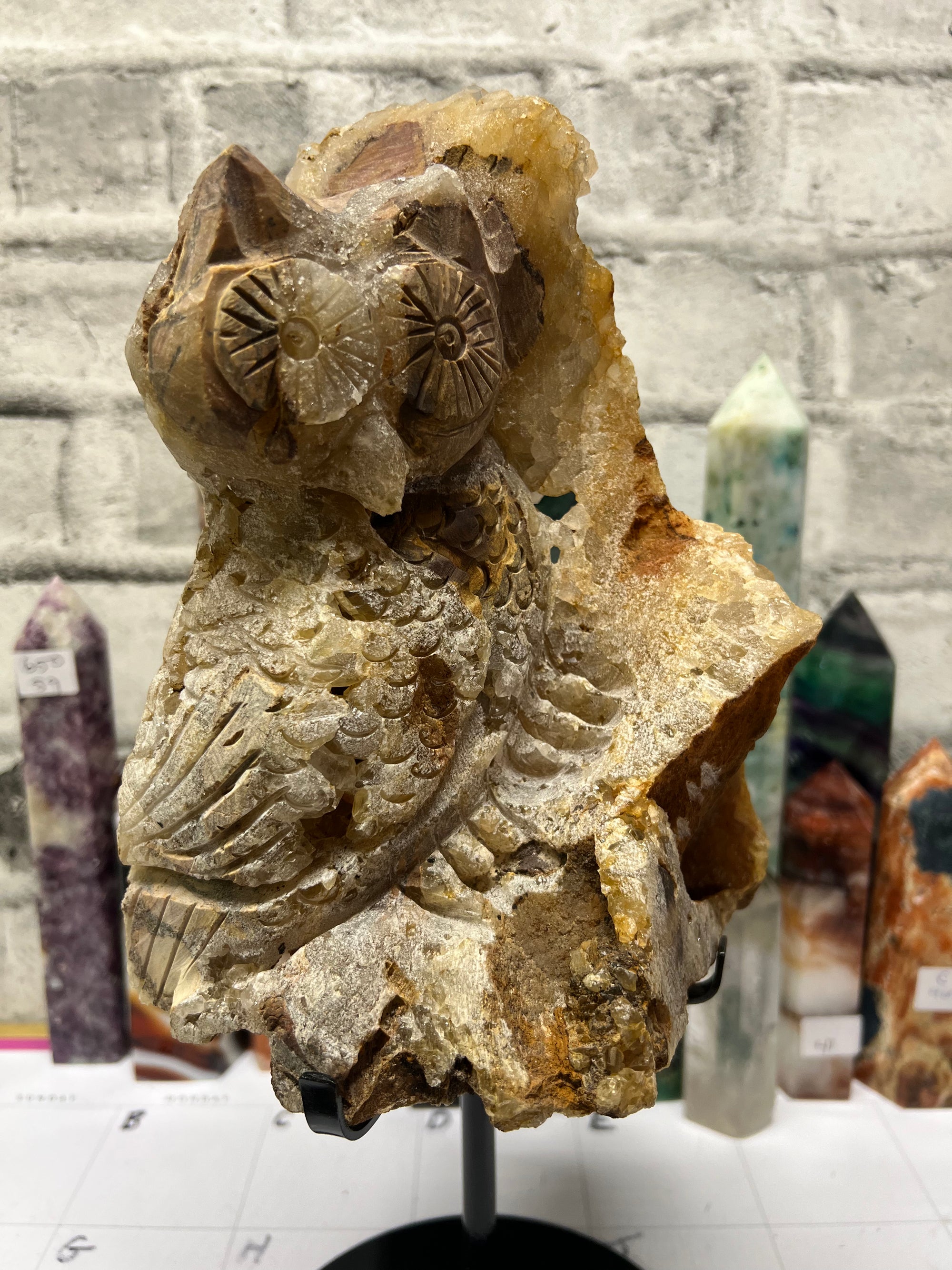 Gigantic Quartz Cluster Owl Carving for your statement piece!