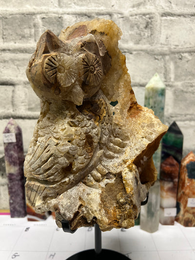 Gigantic Quartz Cluster Owl Carving for your statement piece!